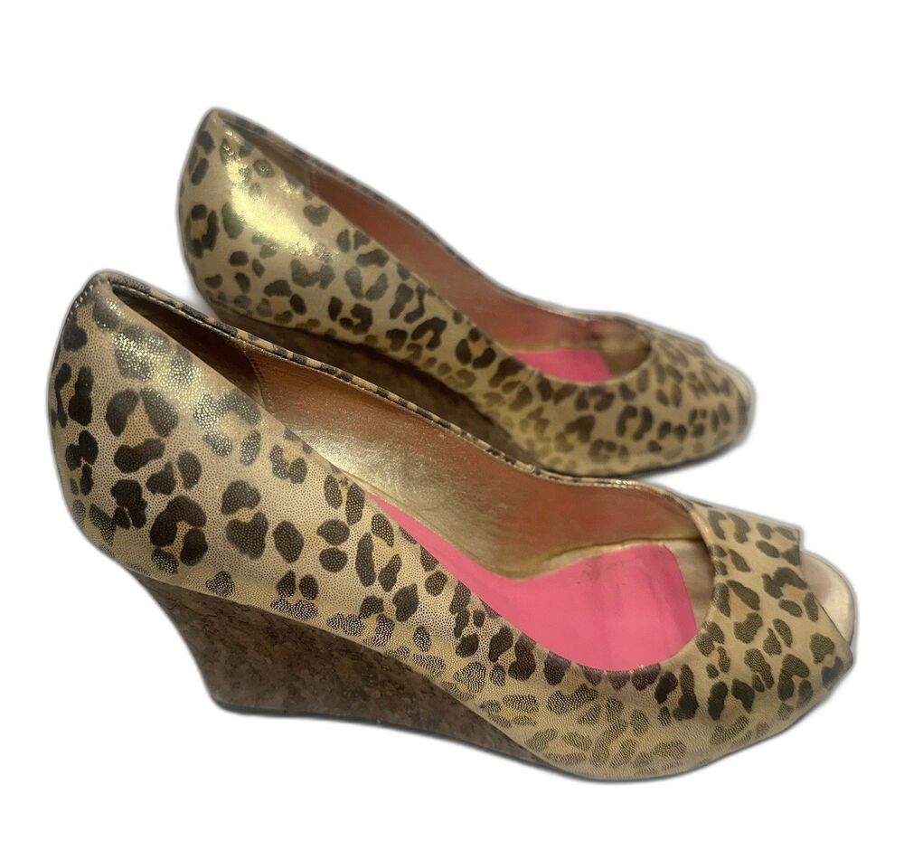 Lilly Pulitzer Leopard Print Cork Wedge Peep Toe Heels Women’s 6M